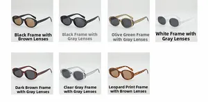 Detailed grid showing seven color variations of oval retro UV400 fashion sunglasses