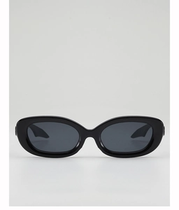 Front view of Y2K style oval sunglasses with black frames and dark grey lenses