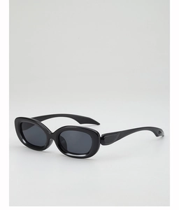 Close-up of retro black oval sunglasses featuring a thick frame and streamlined temples