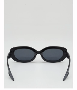 Rear view of sleek black oval sunglasses featuring dark grey lenses and a glossy finish