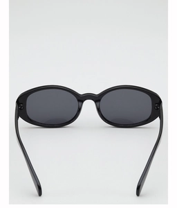 Front view of oval black fashion sunglasses with sleek frames and dark grey lenses