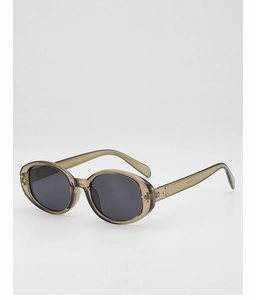 Detail shot of small oval sunglasses featuring gold clover accents and model WF3385 code