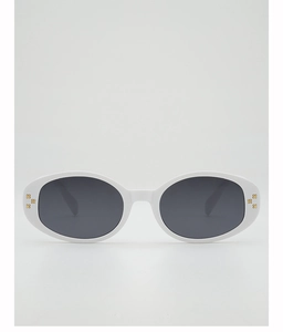 Detail of white oval sunglasses with gold flower rivets and dark grey tinted lenses