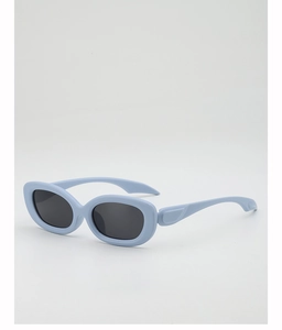 Detail view of light blue matte oval sunglasses with wide streamlined temples