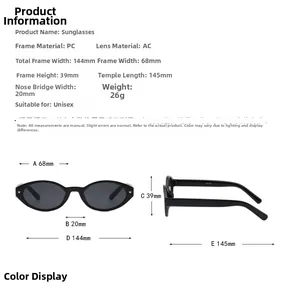 Detailed dimensions of oval leopard print sunglasses with 144mm width and PC frame