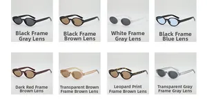 Collection of oval retro sunglasses in leopard, black, and white frames with tinted lenses