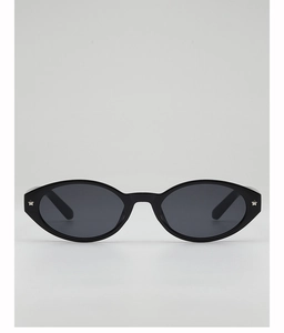 Detail of oval black frame sunglasses with silver star studs and UV protection lenses