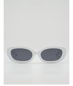 Front view of stylish white oval sunglasses with dark polarized lenses and retro design