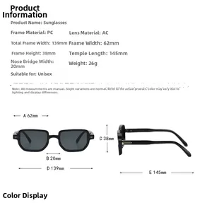 Detailed size chart for black square sunglasses featuring PC frame and AC lens dimensions