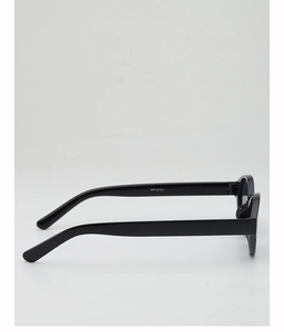 Detail view of smooth glossy black temple and WF12101 model code on oval sunglasses