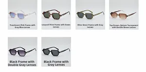 Detailed grid showing six retro square sunglasses in diverse color frames and lenses