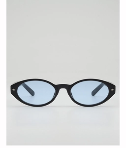Front view of oval sunglasses with black frames, blue lenses and star rivets