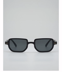 Detail of vintage black square frame sunglasses with gold arrow metal accents on the temple