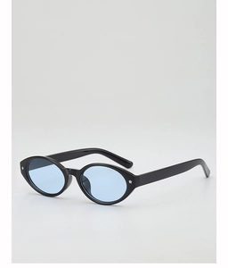 Detail of oval sunglasses with black resin frame, blue lenses and silver star accents