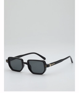 Side view of black square sunglasses with metallic gold arrow detail on the temple