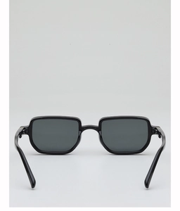 Detailed back view of black square sunglasses with dark grey lenses and minimal design