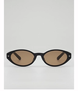 Detail showing oval black frame sunglasses with tea lenses and silver star rivets