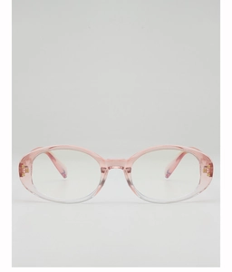 Detailed front view of pink gradient oval sunglasses with gold flower decorations
