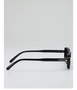 Detailed side view of black square sunglasses with gold metal hinge accents and sleek arms