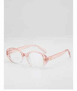 Close-up of pink gradient oval sunglasses frame with gold accents on white background
