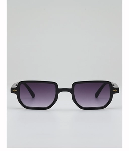 Detail of black square sunglasses featuring purple gradient lenses and gold arrow hinges