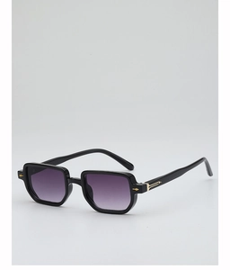 Close-up of black square sunglasses with purple gradient lenses and gold metal accents
