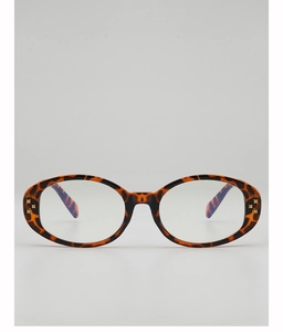 Detail of tortoise oval glasses frame with gold cross accents and clear lenses