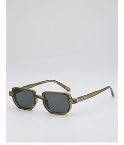 Detail view of olive green translucent square sunglasses with dark grey lenses and metal hinge