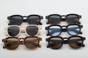 Detailed grid showing six assorted retro round sunglasses in various dopamine frame colors