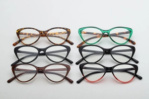 Detailed grid showing six stylish cat-eye glasses frames in multiple colors and patterns