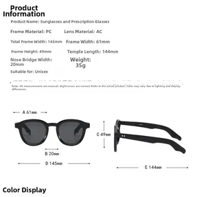 Detailed size chart for round frame sunglasses showing 145mm width and PC frame specs