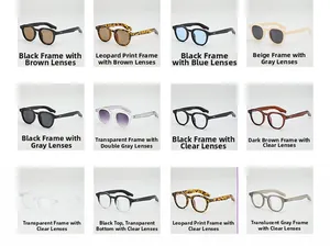 Grid display of 12 round colorful sunglass frames and various lens options for custom fitting