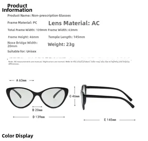 Detailed size chart for cat-eye eyeglasses frame with specific dimensions in millimeters