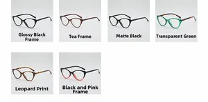 Cat eye glasses frames set showing black, tortoiseshell, green and leopard print patterns