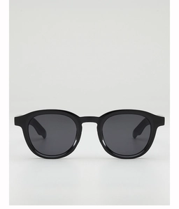 Front view of classic black round frame sunglasses with dark grey UV protective lenses