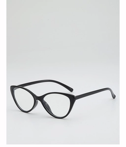 Detail of glossy black cat-eye eyeglass frames with smooth polished surface and clear lenses