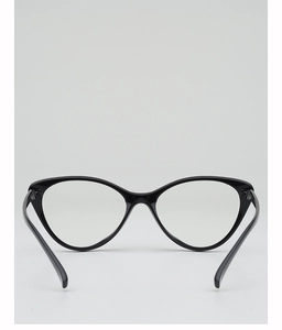 Close-up of sleek black cat-eye glasses frame with glossy finish and clear lenses