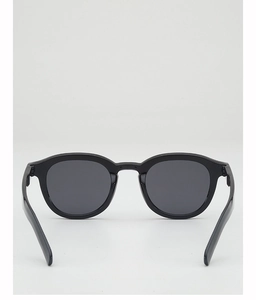 Front view of retro matte black round sunglasses with dark grey polarized lenses