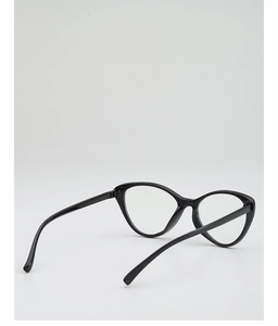 Detail view of glossy black cat-eye glasses frame with sleek polished finish
