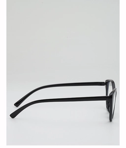 Side view of trendy black cat-eye eyeglass frames with smooth curved temple details