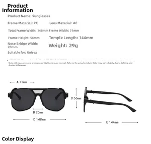 Detailed size specifications for oversized PC frame sunglasses with AC lenses for unisex