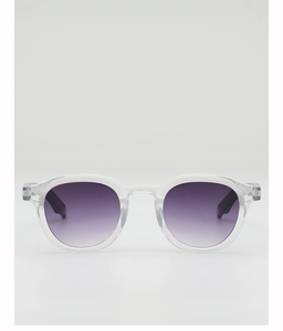 Detail of round transparent frame sunglasses with purple gradient lenses and nose pads
