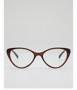 Front view of amber cat-eye glasses frames with black temples on a white background