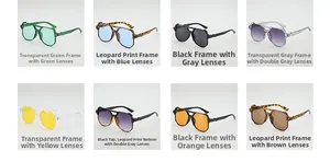 Matrix display of oversized pilot sunglasses in eight diverse frame and lens color options