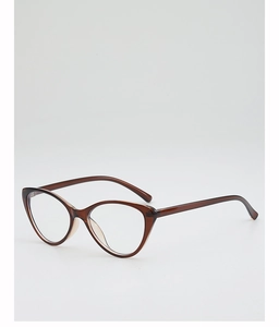 Detail view of stylish dark brown cat-eye glasses frames with a translucent finish