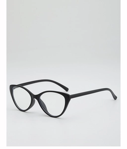 Detailed top view of stylish black cat-eye glasses frame with clear lenses on white background