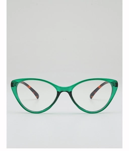 Detailed view of green translucent cat-eye glasses with leopard pattern temple tips