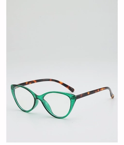 Detailed side view of cat eye glasses with green resin frame and tortoise temples