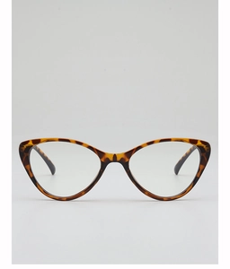 Detail of cat-eye eyewear frame featuring stylish tortoiseshell pattern and clear lenses