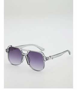 Detail of oversized pilot sunglasses with purple gradient lenses and silver metal hinges